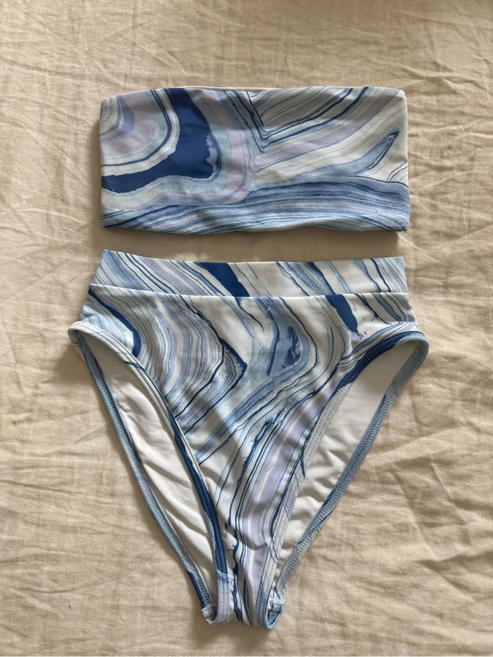 l*space White Bikini Top with Blue Marble Stripe